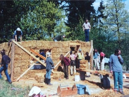 Volunteers building a structure
